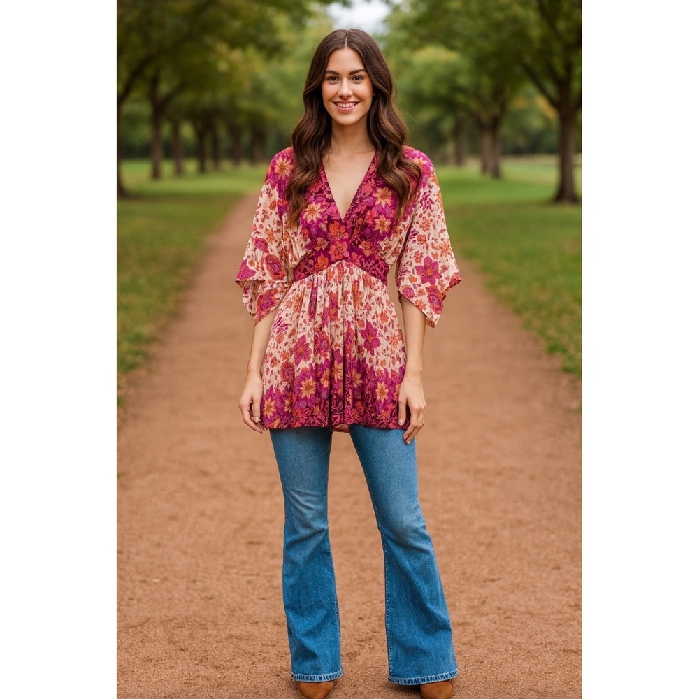 Aakaa Y2K Babydoll Style Mini Dress/Top Boho Festival Sz‎ Med Purple OrangeCream